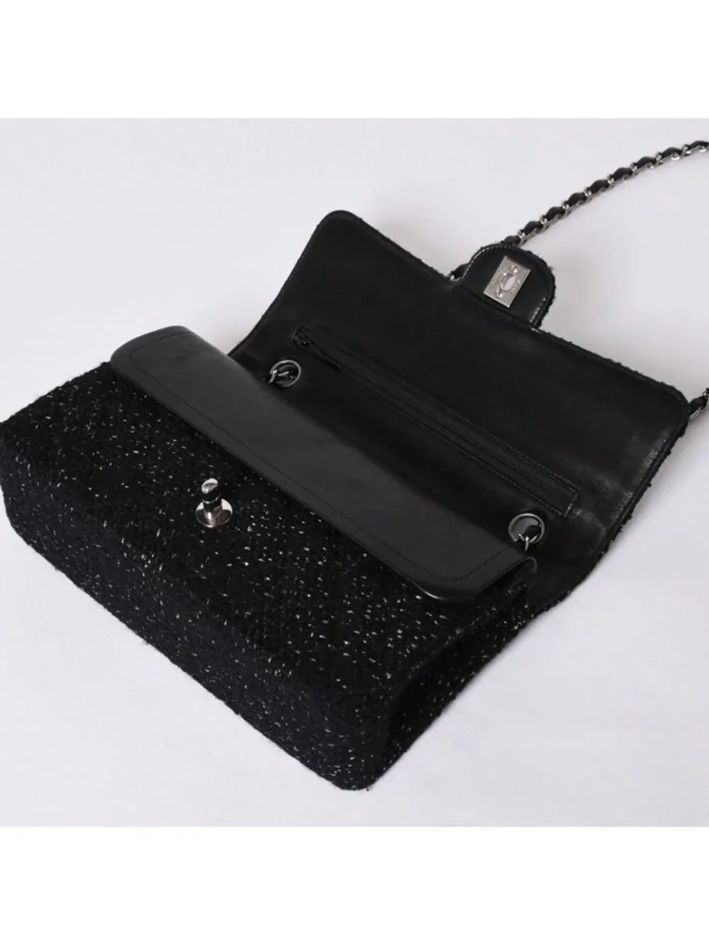 Chanel Quilted 25 Double Flap Chain Shoulder Bag CC Logo Tweed Leather Black